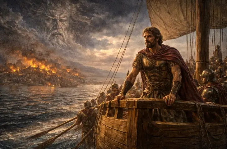 Troya’dan ayrılan Odysseus’un denizde başlayan dönüş yolculuğunu betimleyen mitolojik sahne; geminin üzerinde duran kahraman, arka planda yanan Troya ve gökyüzünde Poseidon’un öfkeli yüzü görülüyor.